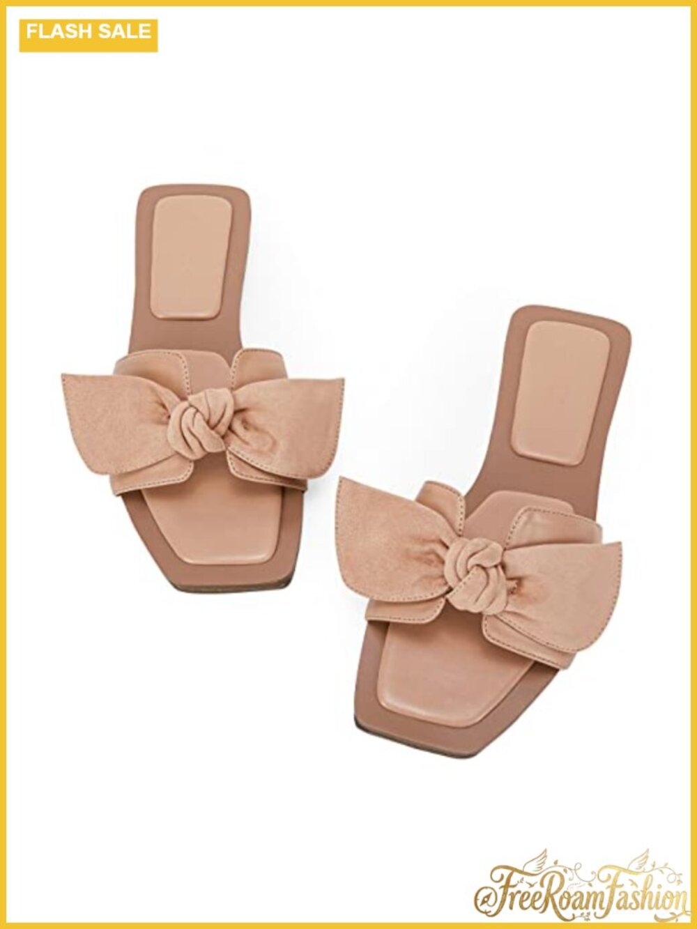 Faux Leather Bow Slide Sandals Square Toe Slip On Flat